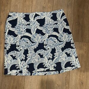 Talbots Navy A-Line Skirt with White Lace-Like Floral Pattern